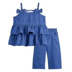 Hopscotch Baby Girls Solid Print Sleeveless Blue Jeans set