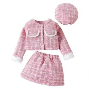 TASLAR Kids Toddler Jacket Baby Girls Suit Furry Patchwork Coat + Skirt + Beret 3Pcs Long Sleeve Shirt Tops Skirts Hat Sets Kids Casual Fashionable Party Dress