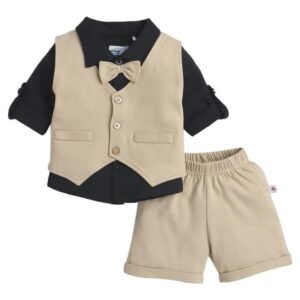 BUMZEE Boys Cotton Shirt Waistcoat & Short Set With Applique Bow