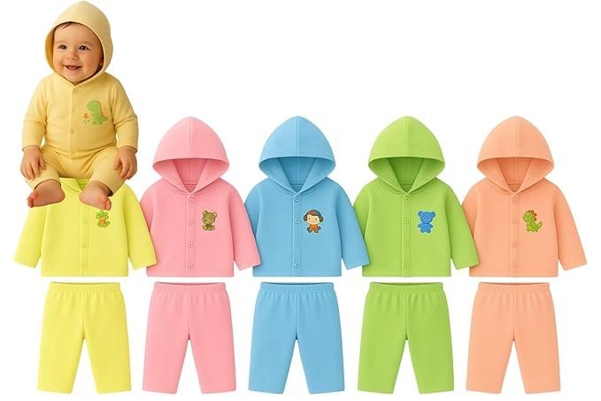 Newborn Unisex Cotton Dress Hoodie Cap with Pants| 0-3 Months Winter Outfit for Infant| Multicolour 5 Combo Pack Boy & Girl Baby Dress