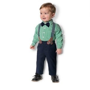Baby Boy Clothes Outfits Set Spring Newborn Gentleman Suit Suspender Trousers+Top+Bow Tie 4pcs Clothing Set(6-12 Months, Green)