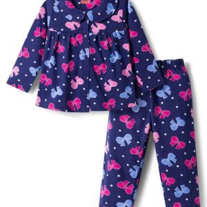 Babyhug Cotton Knit Full Sleeves Co-ords Night Suit With Bow Print - Navy Blue
