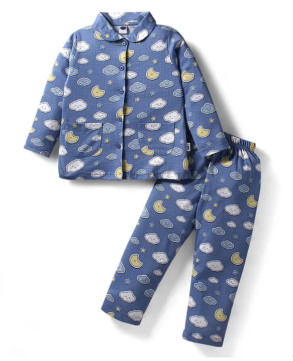Teddy Sinker Knit Full Sleeves Co-ords Night Suit With Cloud Print - Blue