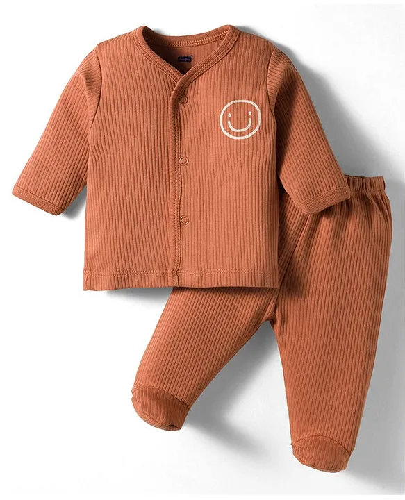 Simply Interlock Knit Full Sleeves Footed Night Suit With Smiley Print - Bronze