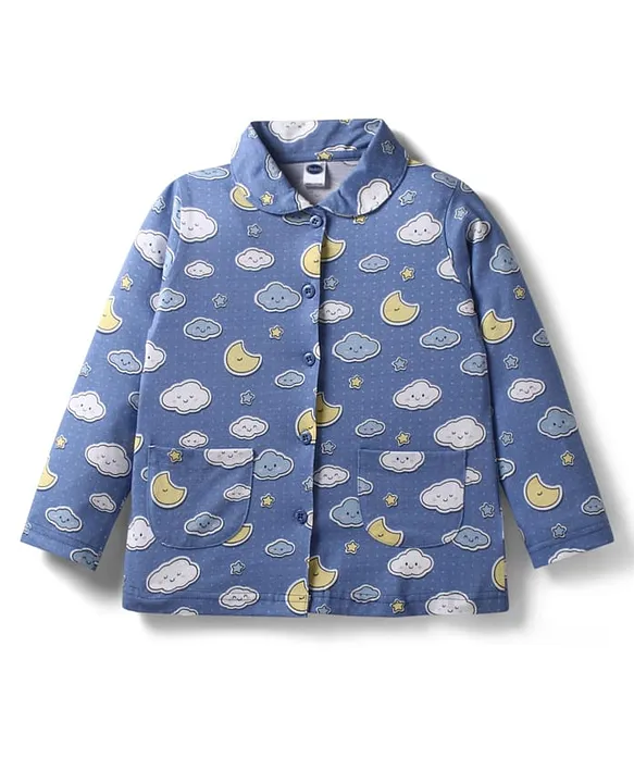 Teddy Sinker Knit Full Sleeves Co-ords Night Suit With Cloud Print - Blue - Image 2