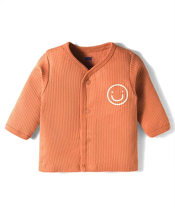 Simply Interlock Knit Full Sleeves Footed Night Suit With Smiley Print - Bronze - Image 2