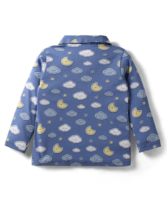Teddy Sinker Knit Full Sleeves Co-ords Night Suit With Cloud Print - Blue - Image 3