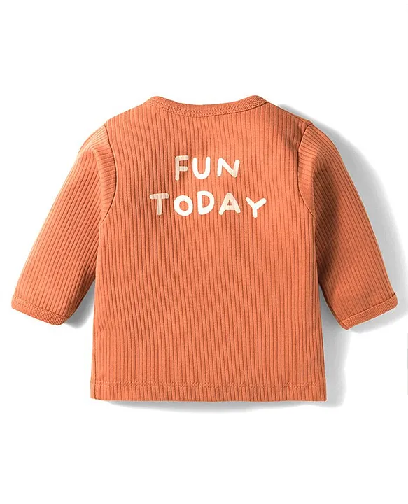 Simply Interlock Knit Full Sleeves Footed Night Suit With Smiley Print - Bronze - Image 3