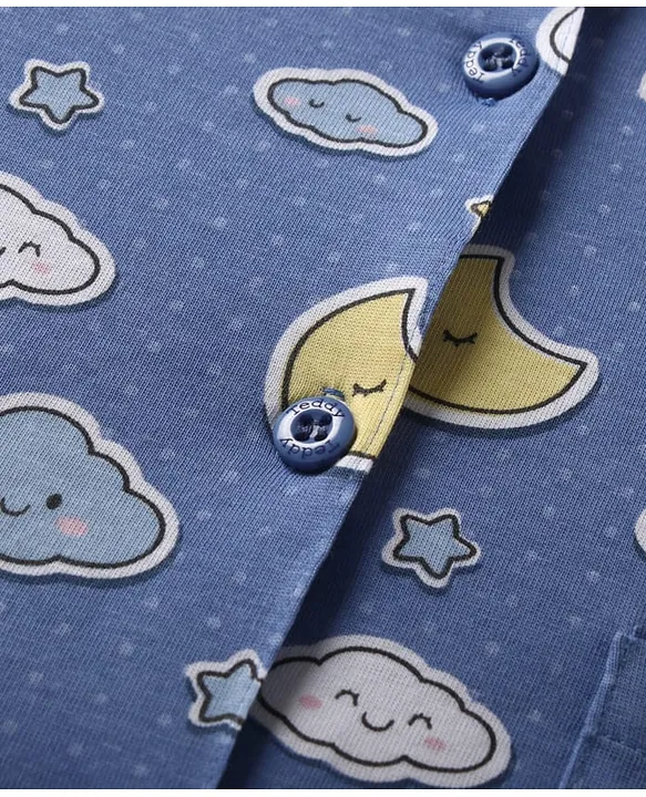 Teddy Sinker Knit Full Sleeves Co-ords Night Suit With Cloud Print - Blue - Image 6