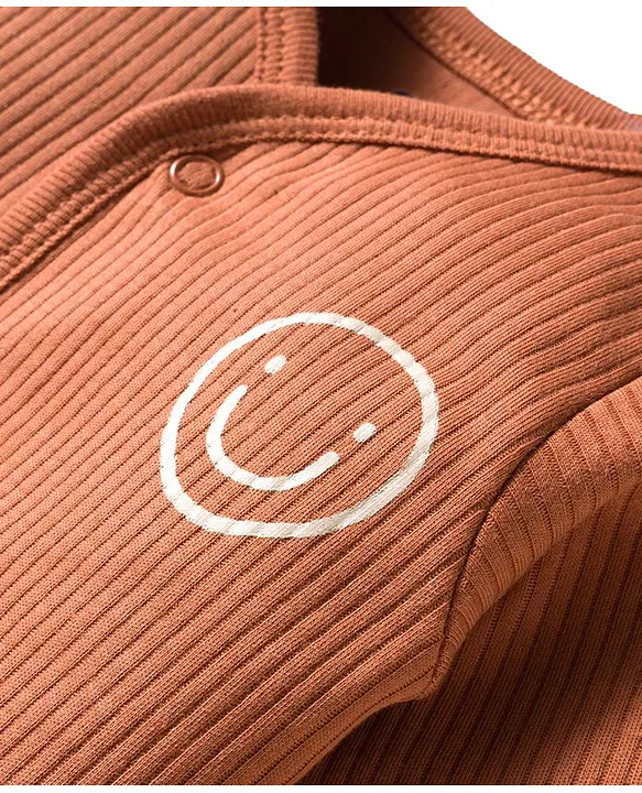 Simply Interlock Knit Full Sleeves Footed Night Suit With Smiley Print - Bronze - Image 6