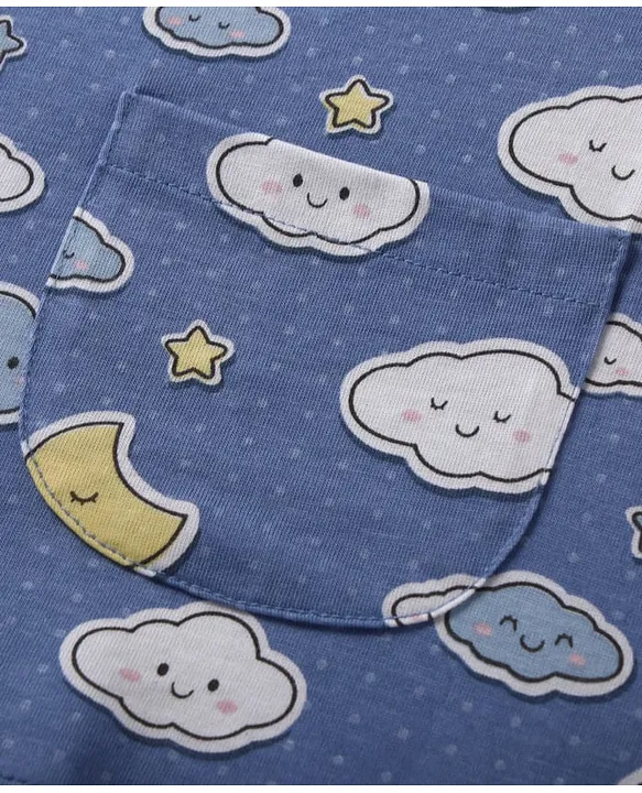 Teddy Sinker Knit Full Sleeves Co-ords Night Suit With Cloud Print - Blue - Image 7